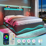 Modern Upholstered Bed 140x200cm LED Storage USB Ports Gas Spring Slatted Base Fabric