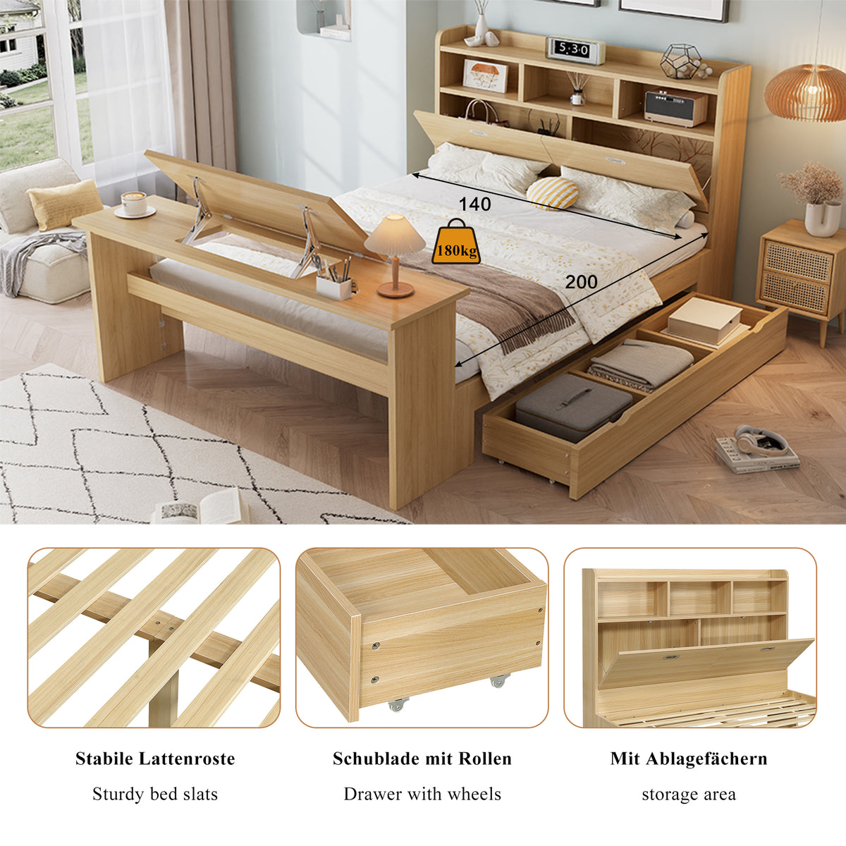 Children's Single Bed 140x200cm with Storage & Table, Natural Wood