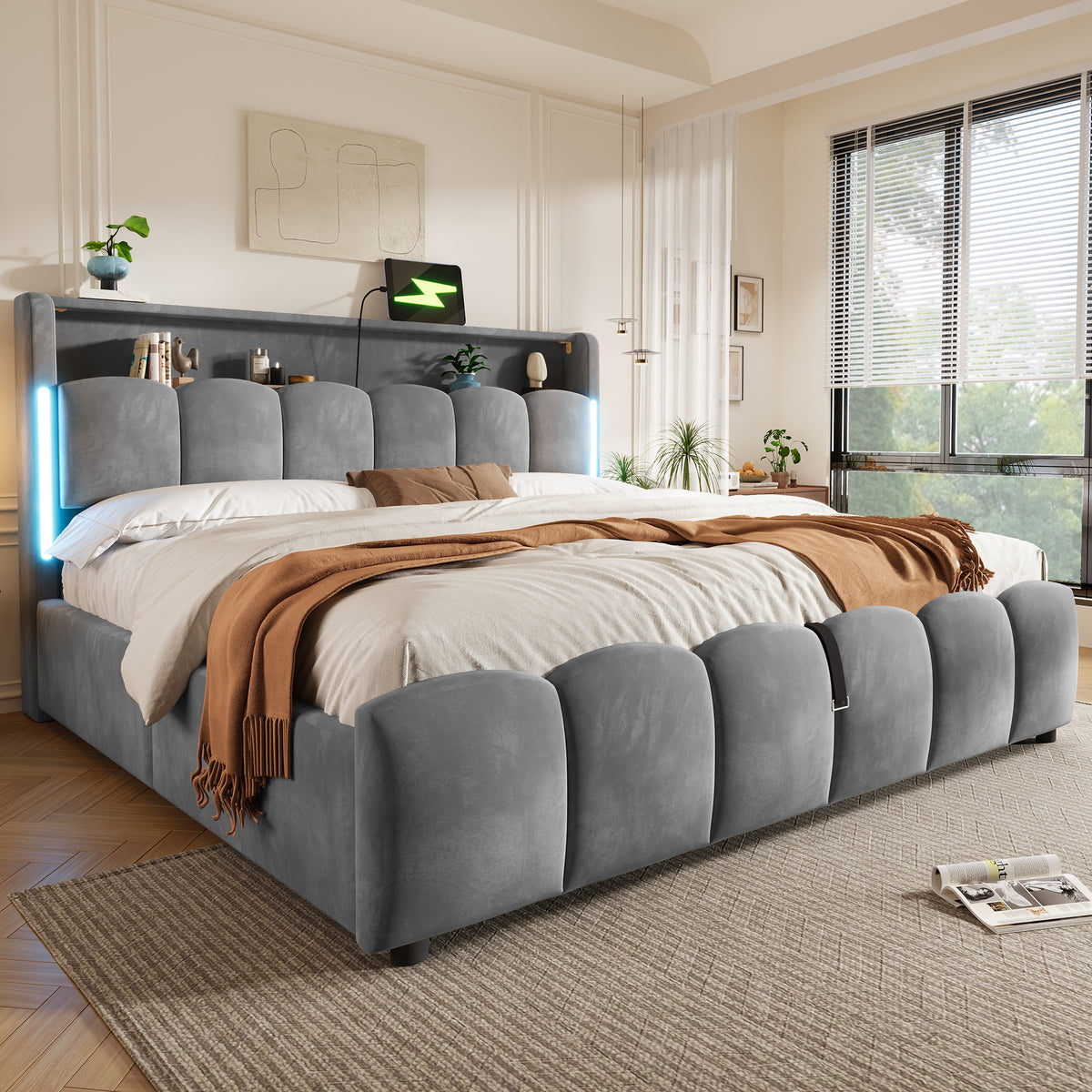 Upholstered Storage Bed 180x200 cm with LED in Velvet