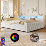 Velvet Platform Bed 140x200 with Hydraulic Storage & LED, Beige