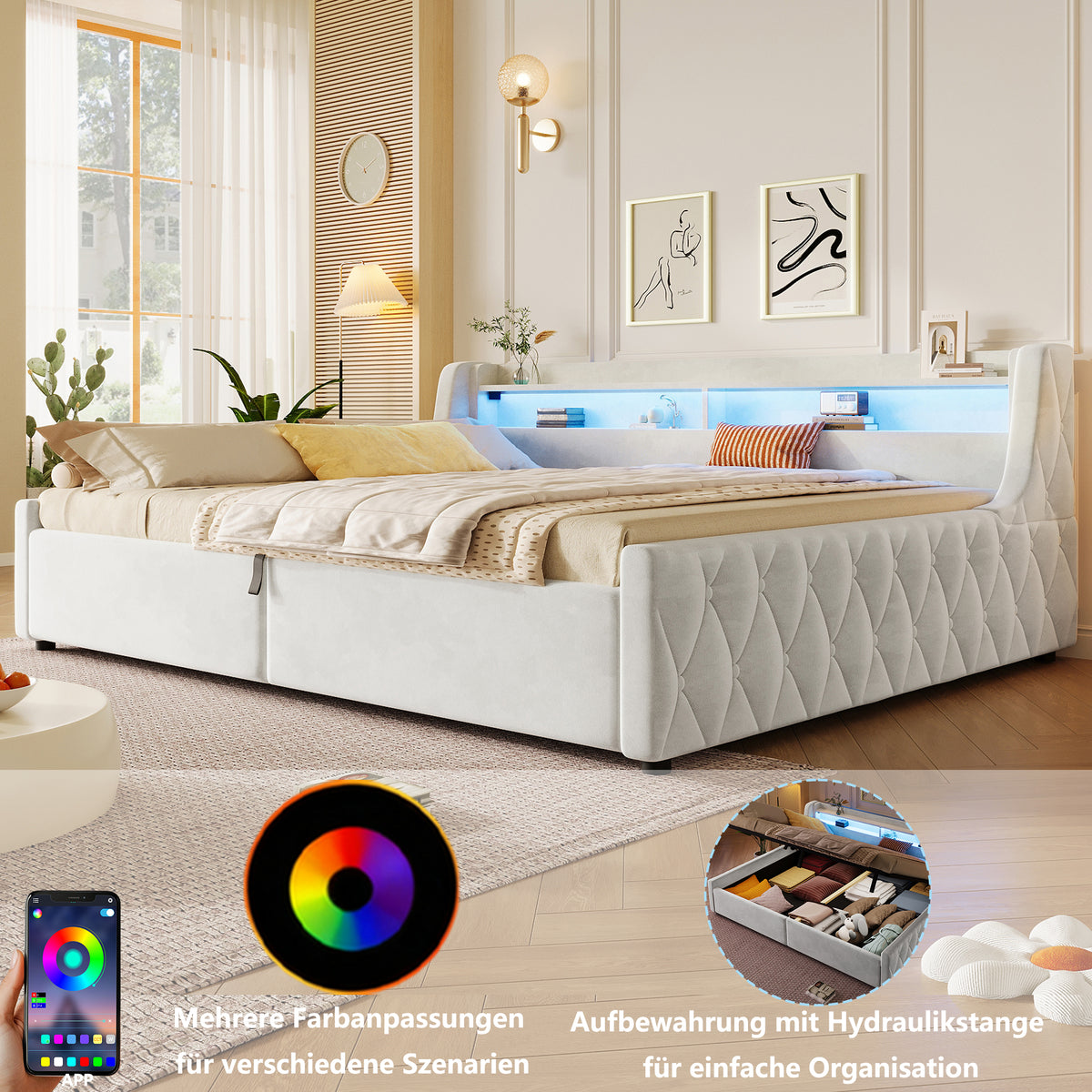 Velvet Platform Bed 140x200 with Hydraulic Storage & LED, Beige