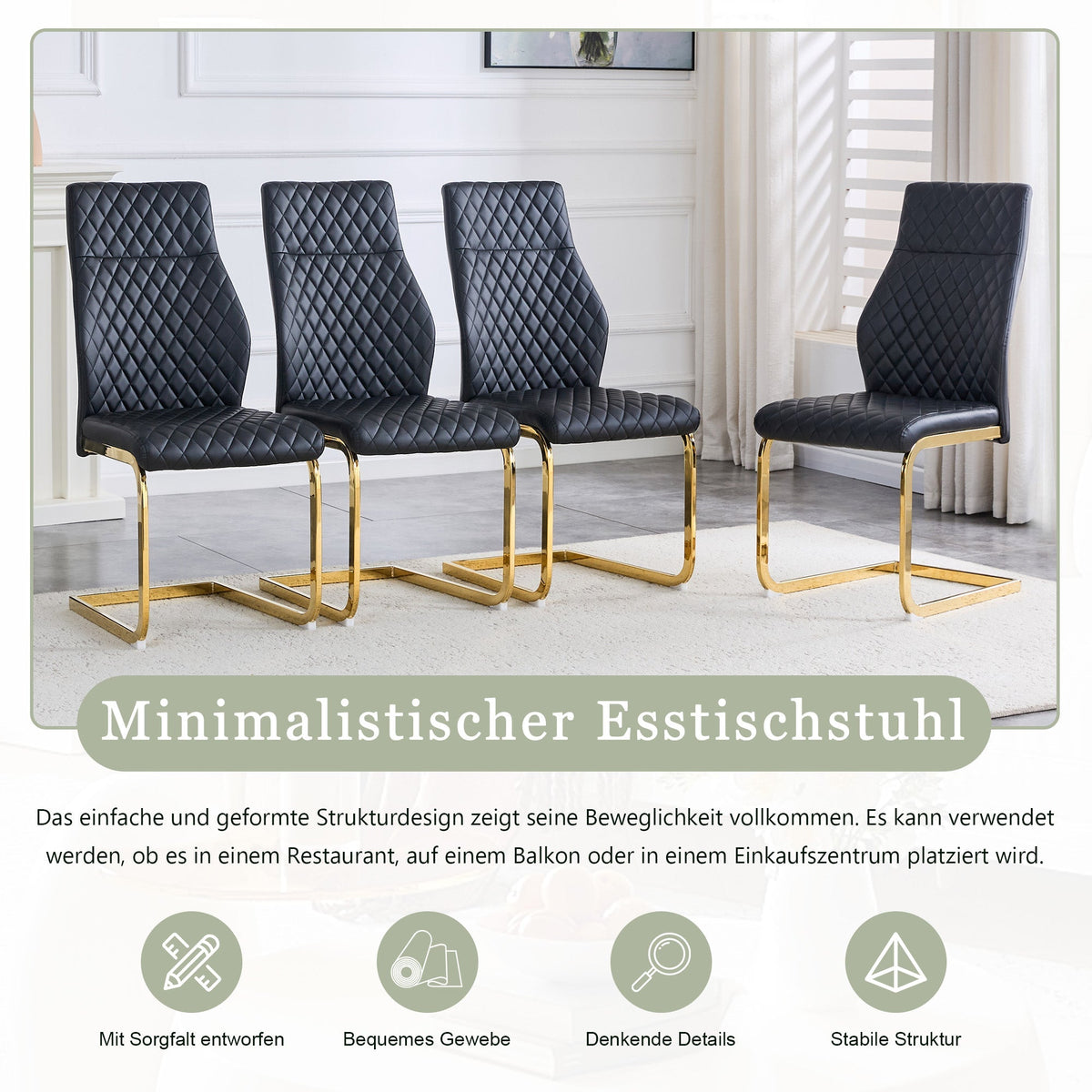 Dining Chairs Set of 2 with High Backrest and Padded Cushion, Black and Gold