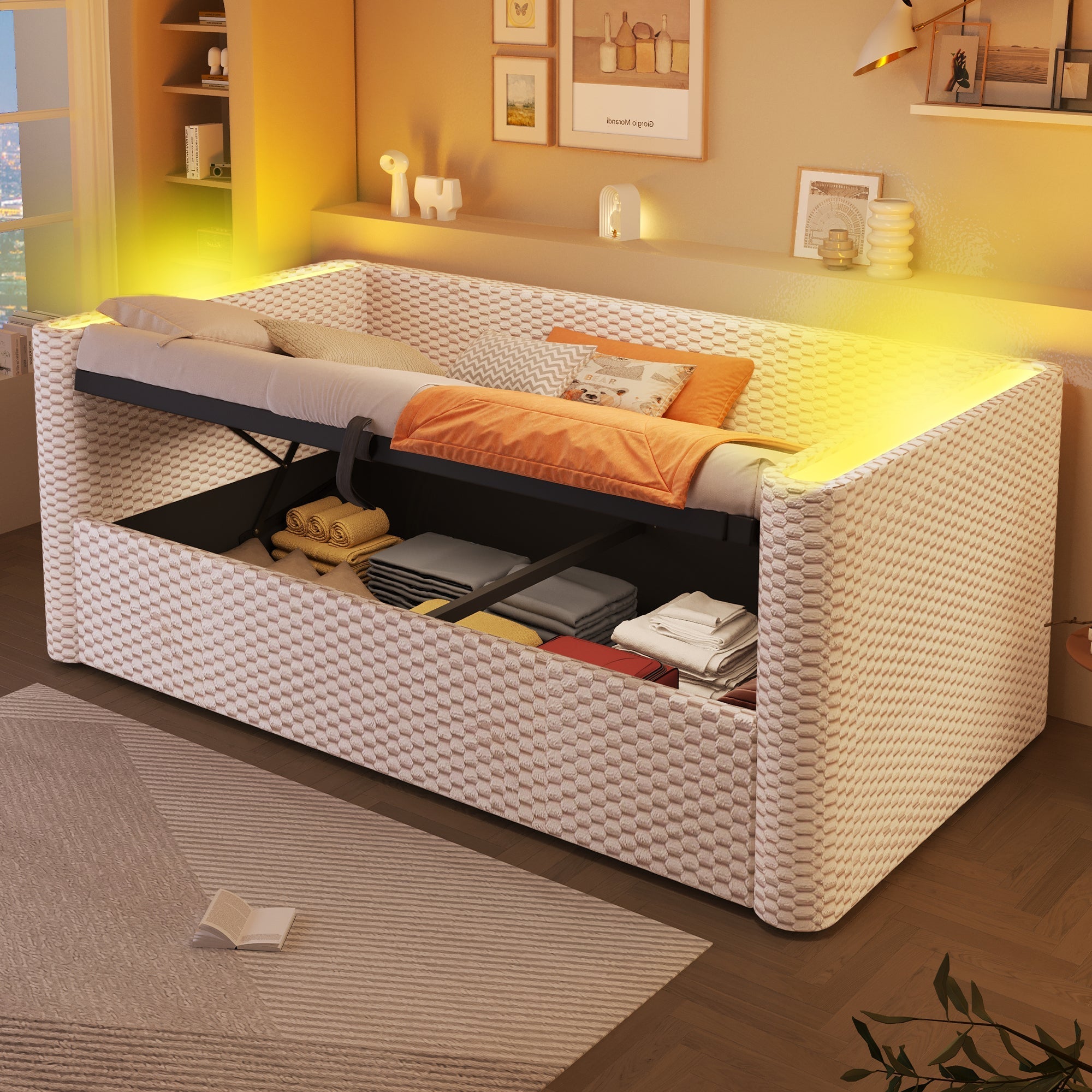 Daybed Sofa Bed 90x200cm Hydraulic Storage LED Lighting Velvet Beige