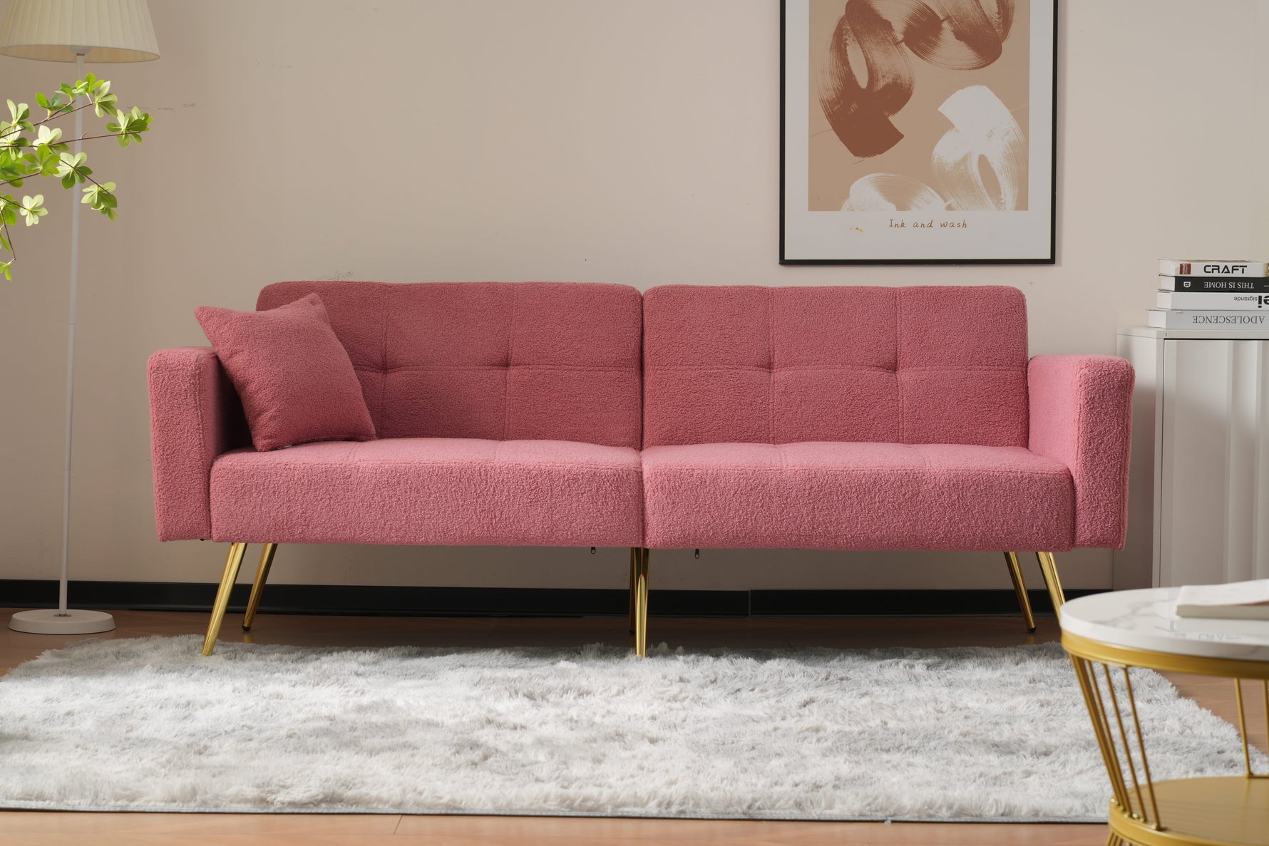 Sofa Bed Adjustable Angle Cushions Storage Pockets Gold Metal Legs