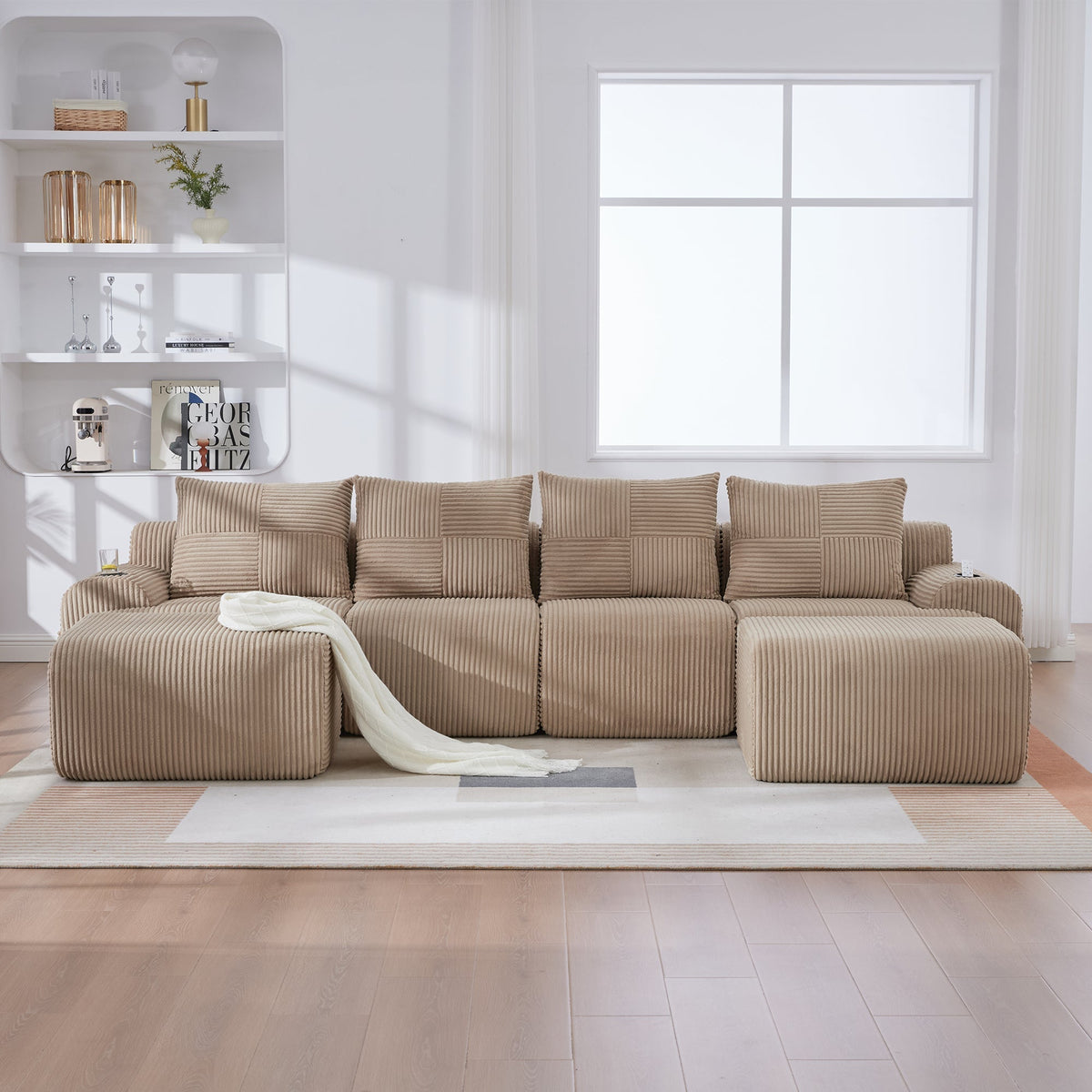 Modular Corduroy Sofa 4-Seater with 2 Ottomans Cup Holders Storage Pocket Khaki