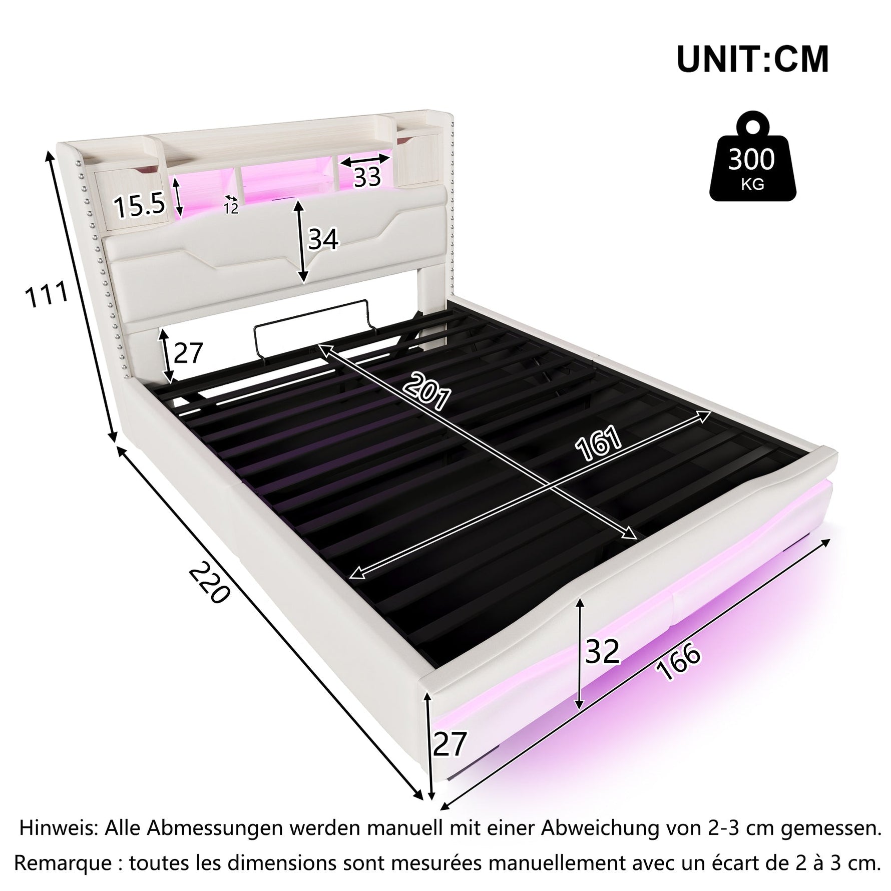 Upholstered Bed 160x200cm Hydraulic Storage Headboard with USB-C & LED Lights Beige