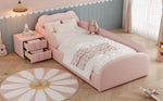 Upholstered Children's Bed with Bear-Shaped Headboard and Matching Bedside Table, 90x200cm, Pink Velvet