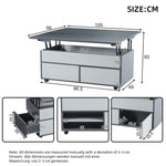 Coffee Table, 100x98x65cm Height-Adjustable Multifunctional with Hidden Storage & Wheels, Grey and White Splices