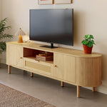 Modern TV Cabinet, Rattan Drawers Open Compartments Rounded Top, Wood Look Metal Legs