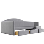 Multifunctional Upholstered Sofa Bed with Two Drawers, Railings and Steps, 90x190cm, Light Grey Velvet
