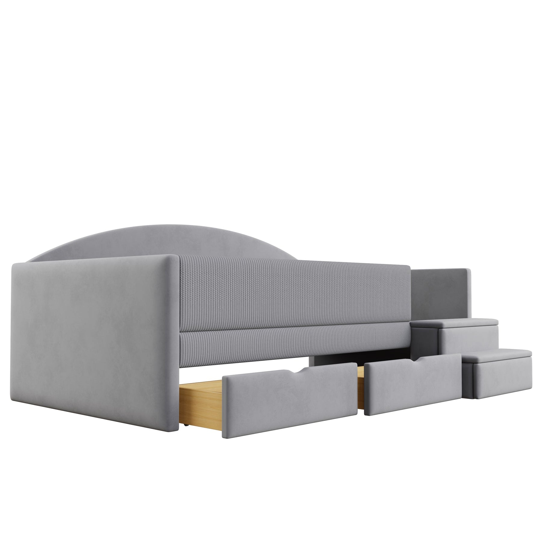 Multifunctional Upholstered Sofa Bed with Two Drawers, Railings and Steps, 90x190cm, Light Grey Velvet