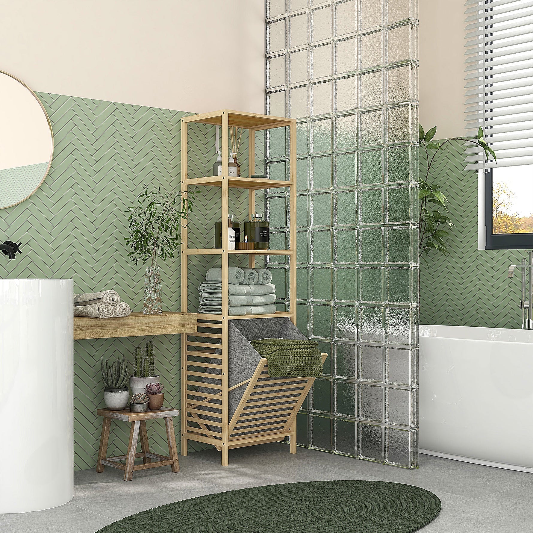 Bamboo Bathroom Shelf, 3 Open Shelves, Extendable Basket, Natural