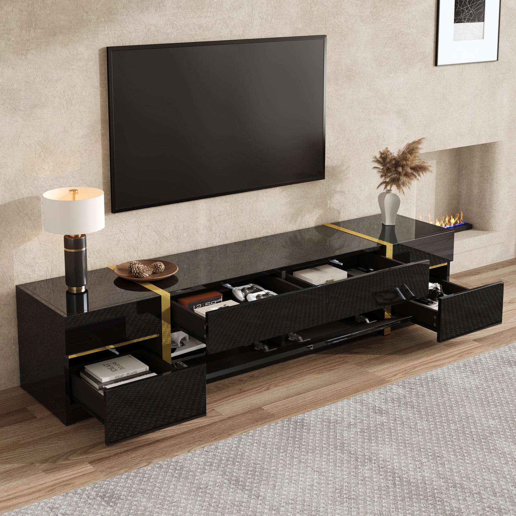 Luxurious TV Stand with Drawers and Doors, Modern High-Gloss Finish, Gold Edges