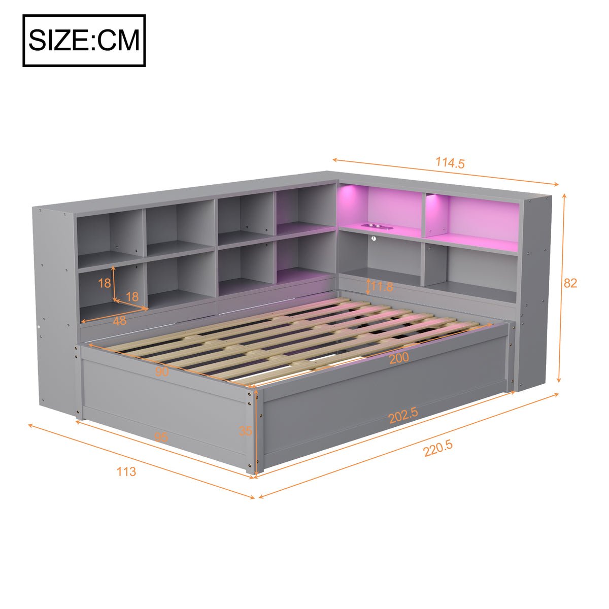 Multifunctional Sofa Bed 90x200 with Storage & Light Strip, Grey
