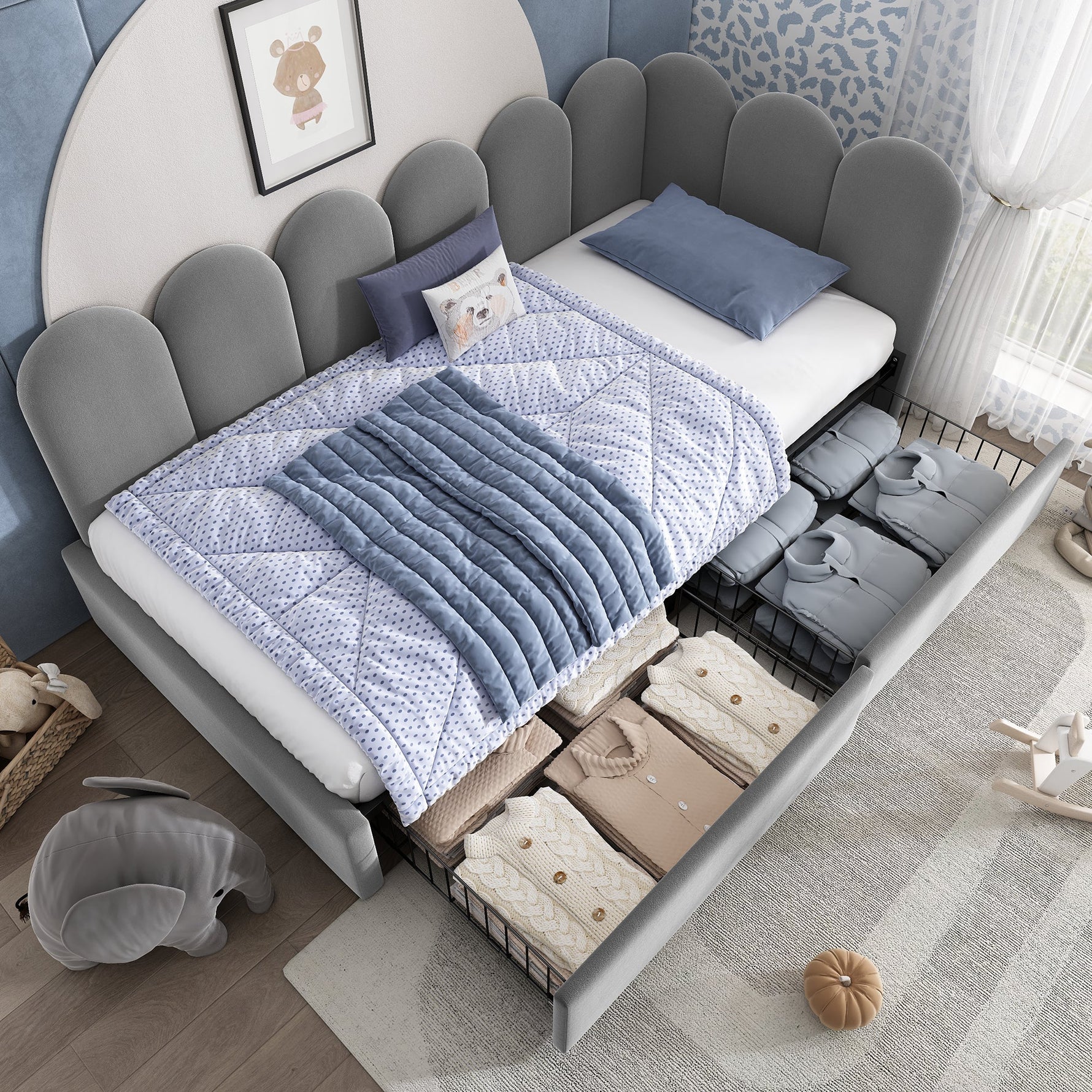 Upholstered Daybed with Drawers and Slatted Frame, 90x200cm, Gray Velvet
