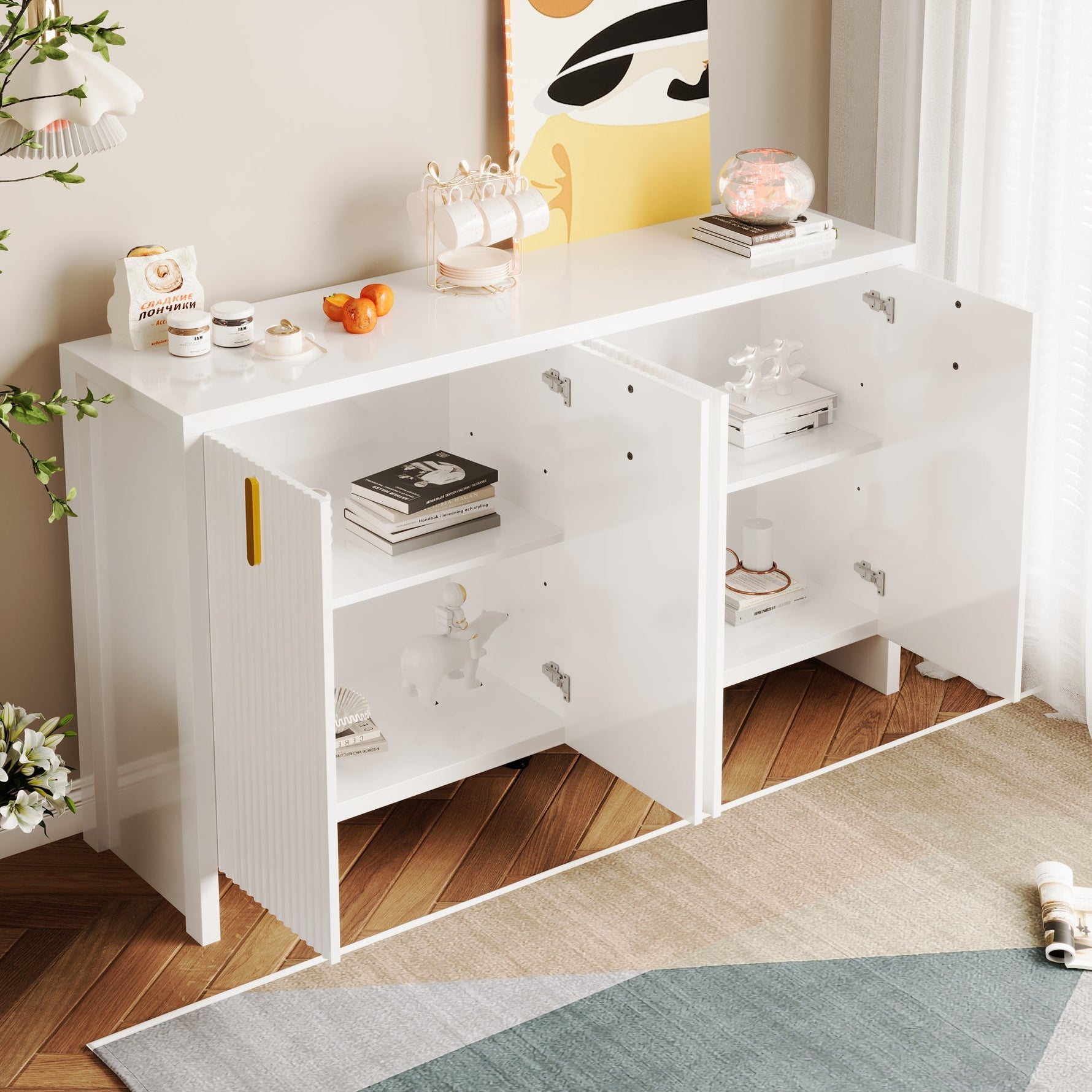 Sideboard, Minimalist with Golden Handles & Adjustable Dividers, White