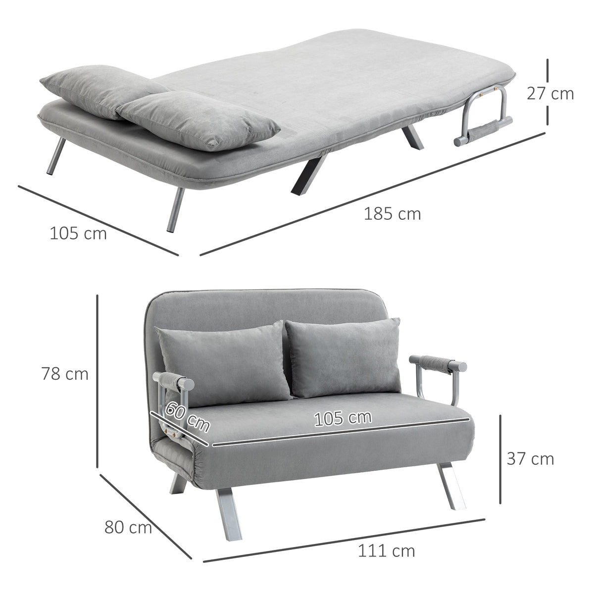Sleeper Sofa Two-Seater Adjustable Bed Function Cushions, Light Grey