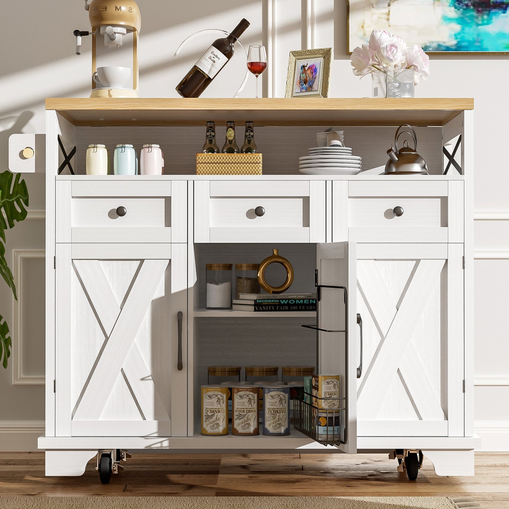Modern Kitchen Island 118x43x98cm Mobile Storage Towel Rail - White