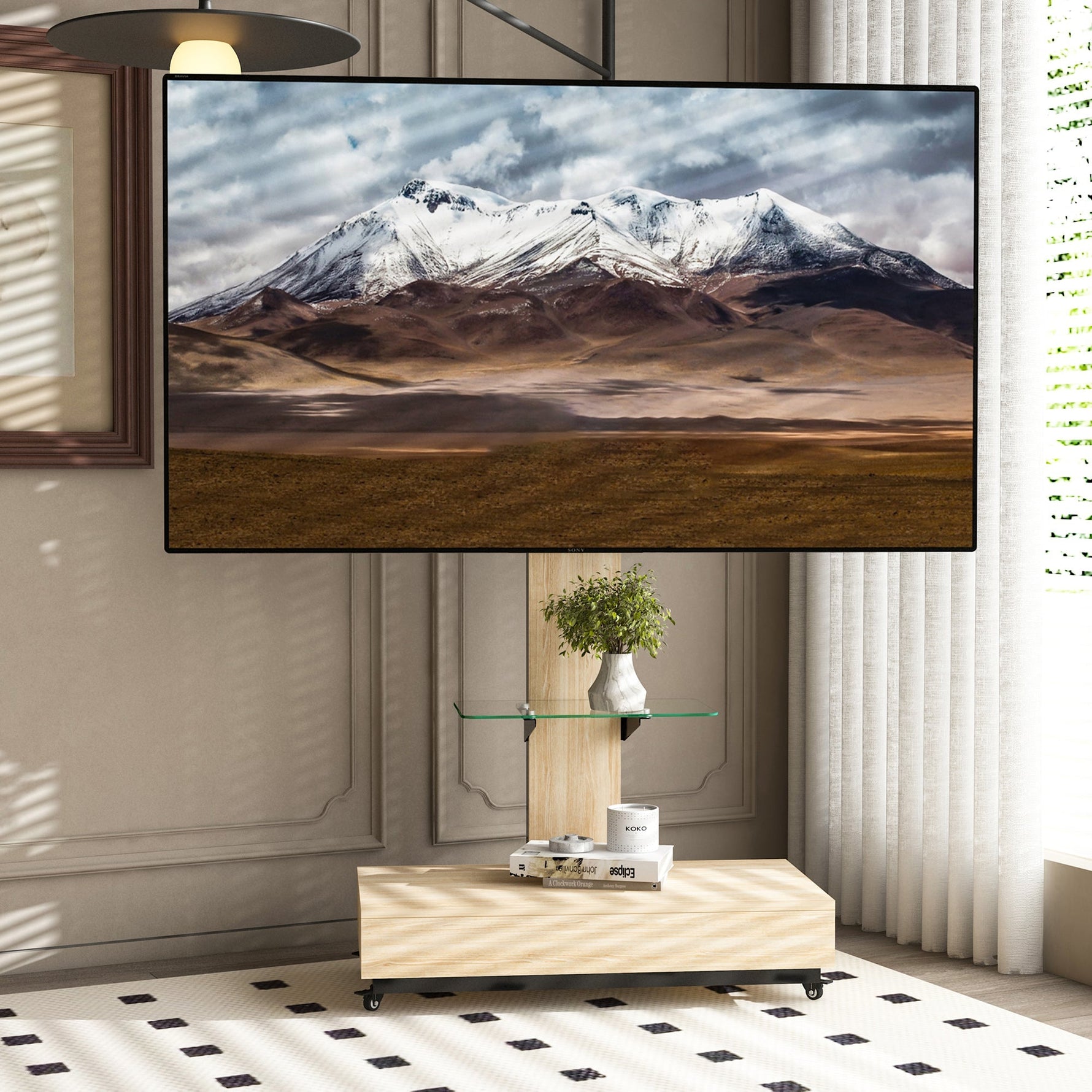 Mobile TV Cart - Height Adjustable Drawers for 32-75 Inch TVs - Natural Finish