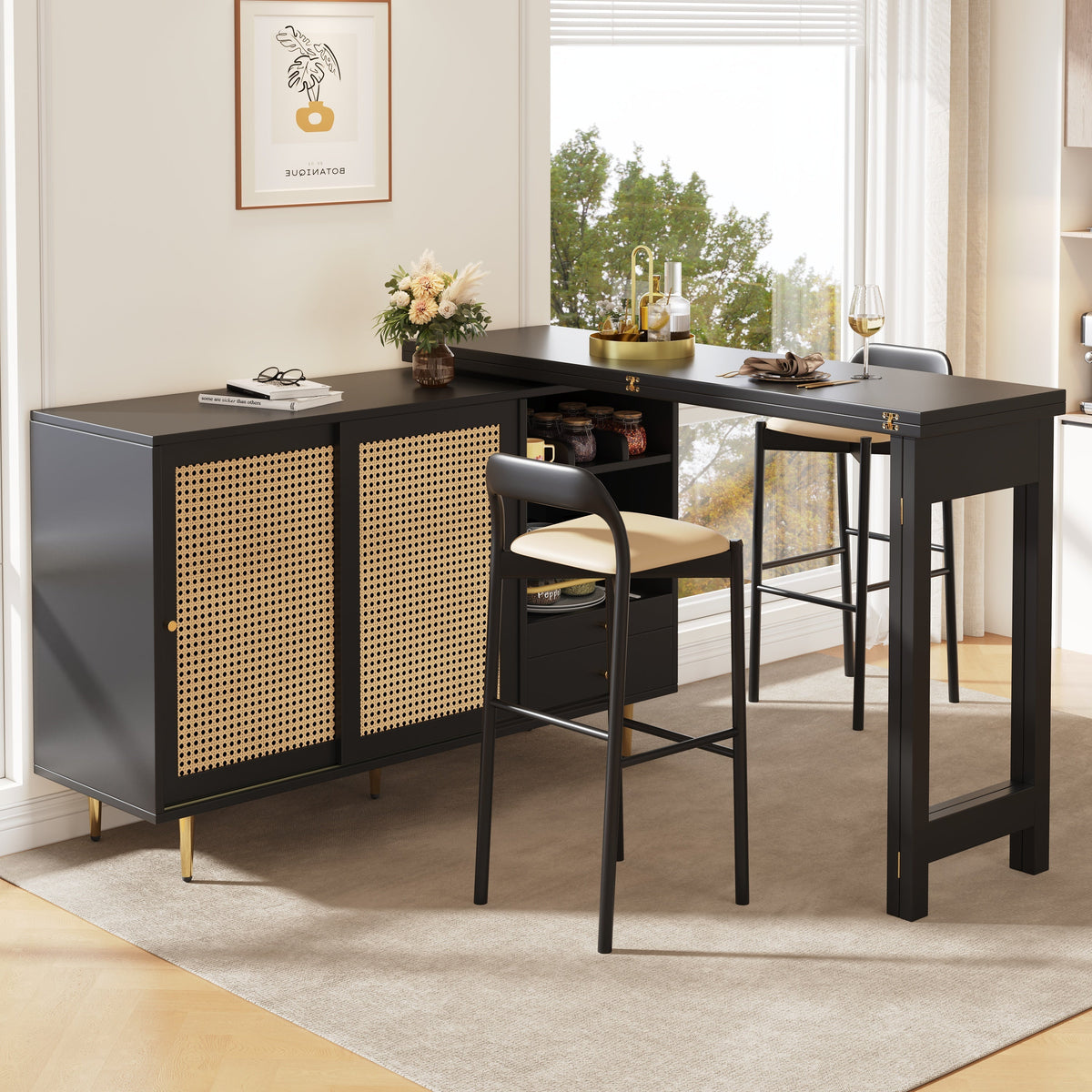 360° Rotating Bar Table Extendable Rattan Storage Cabinet Black