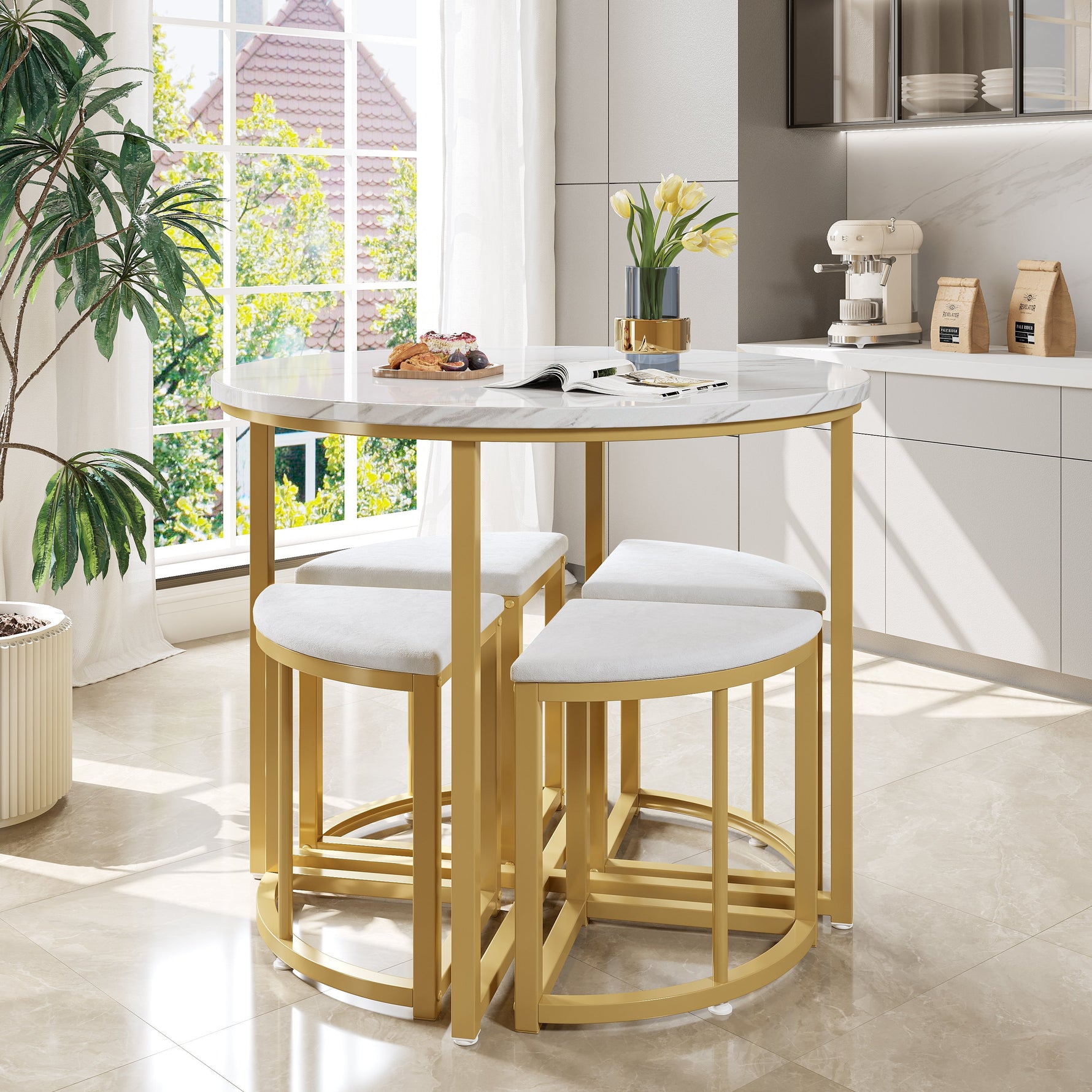 Dining Table Set with 4 Chairs, Modern Luxury MDF Gilded Iron Velvet, White