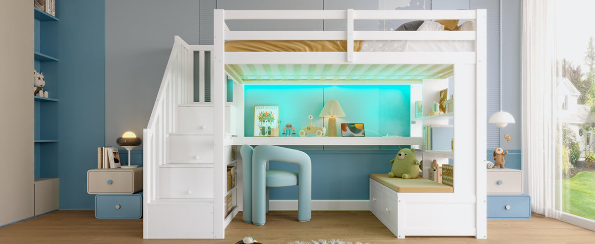Loft Bed 90x200cm Desk Shelves Drawers Storage Stairs White