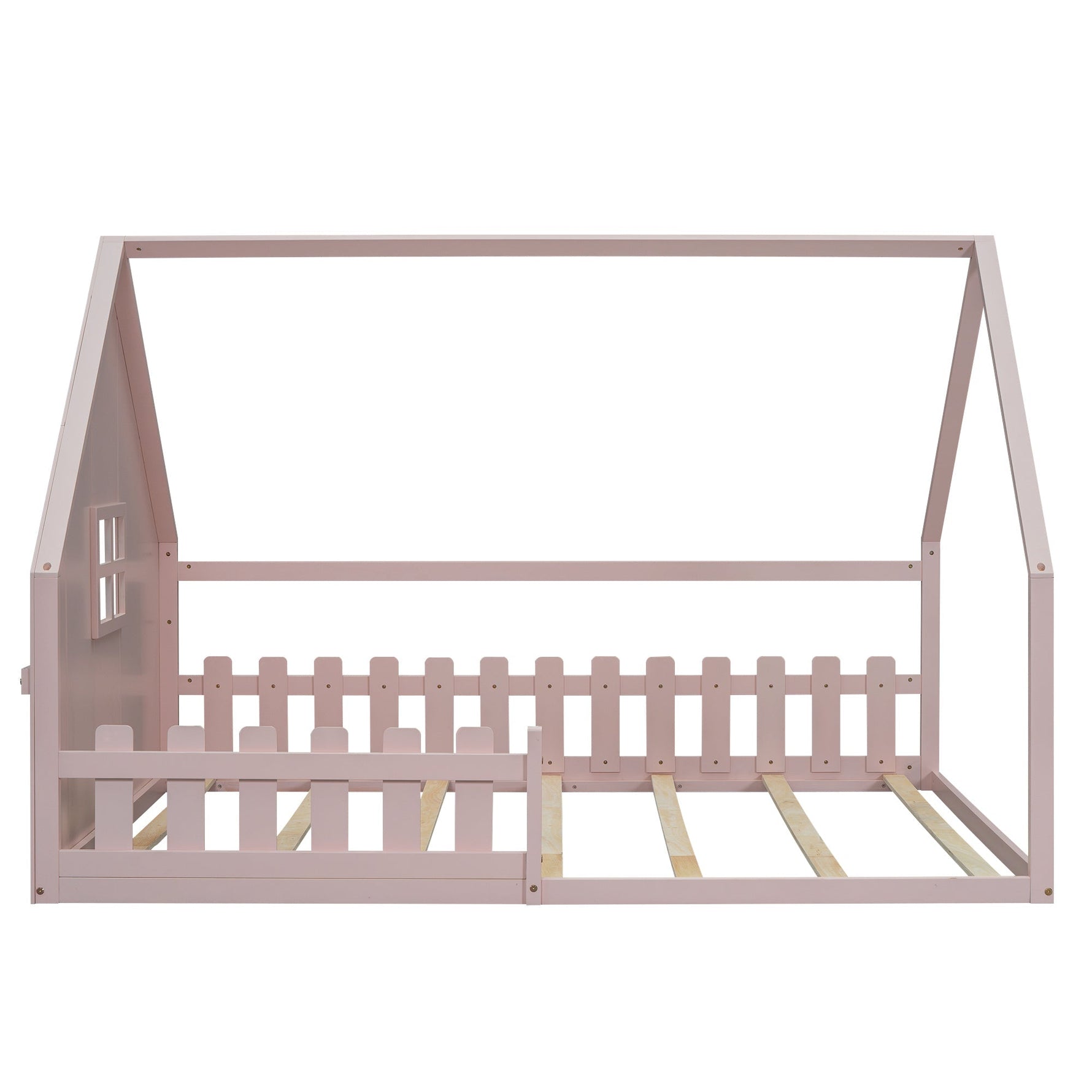 Flatbed Children's Bed 140x200cm House Rail - Pine Wood Pink