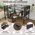 Loft Bed 140x200 cm with Corner Desk & Stairs, Black Metal
