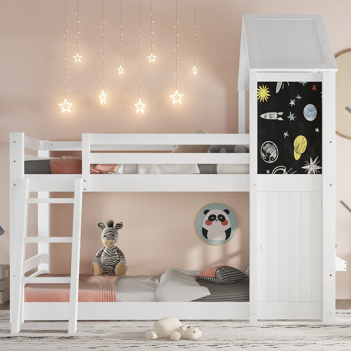 Children's Bunk Bed with Windows & Chalkboard, White Pine