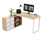 Simple Office Desk with 3 Drawers, 2 Open Shelves, Steel Frame - Natural