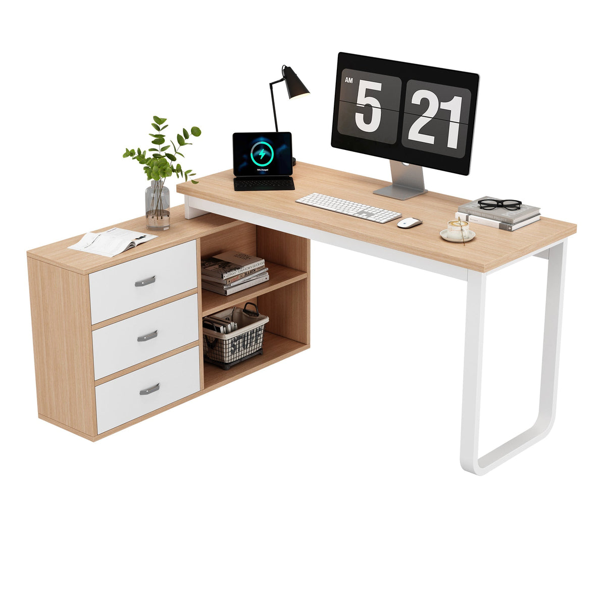 Simple Office Desk with 3 Drawers, 2 Open Shelves, Steel Frame - Natural