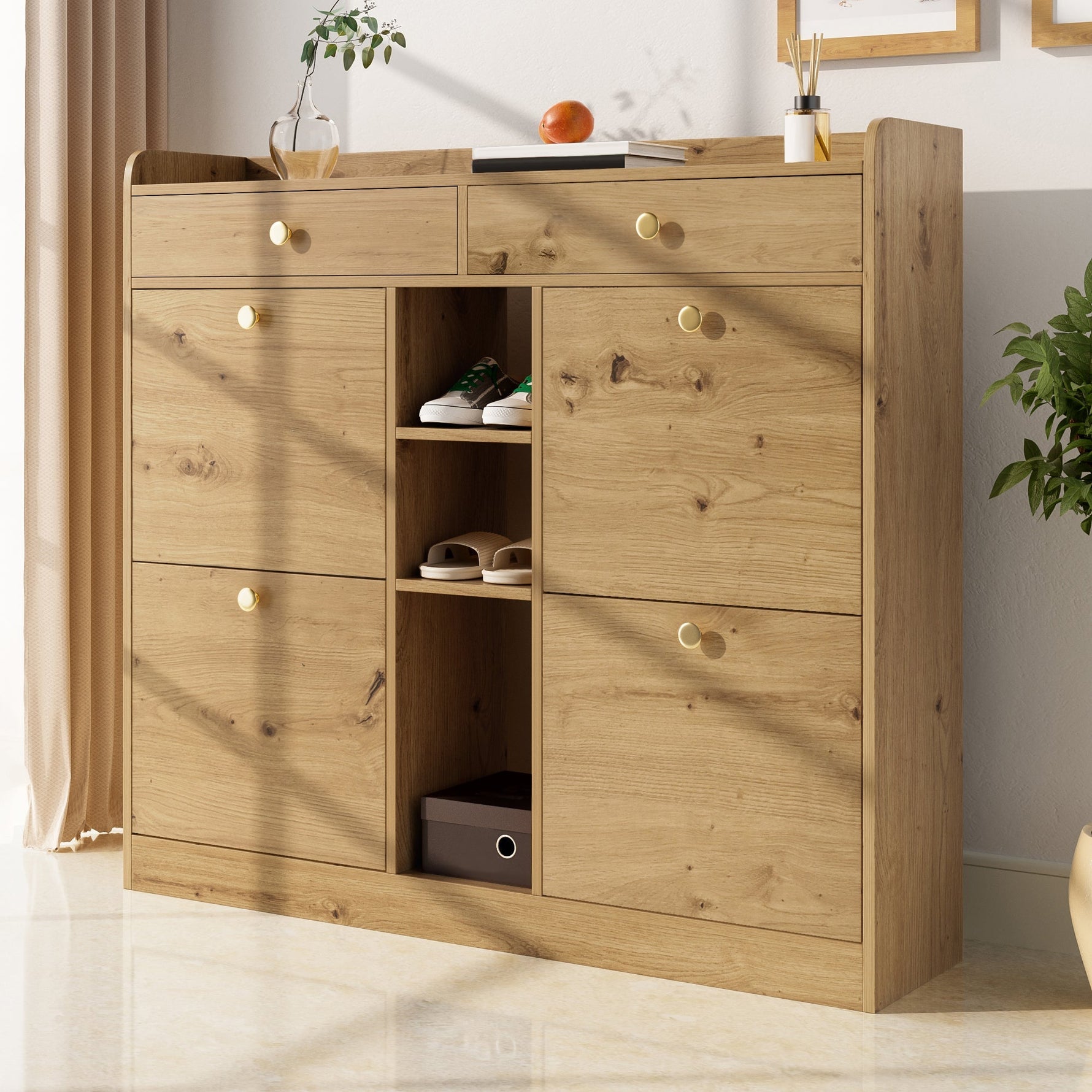 Shoe Cabinet with 4 Hinged Doors, 2 Drawers and 3 Open Compartments, 110x26x100cm, Wood Color