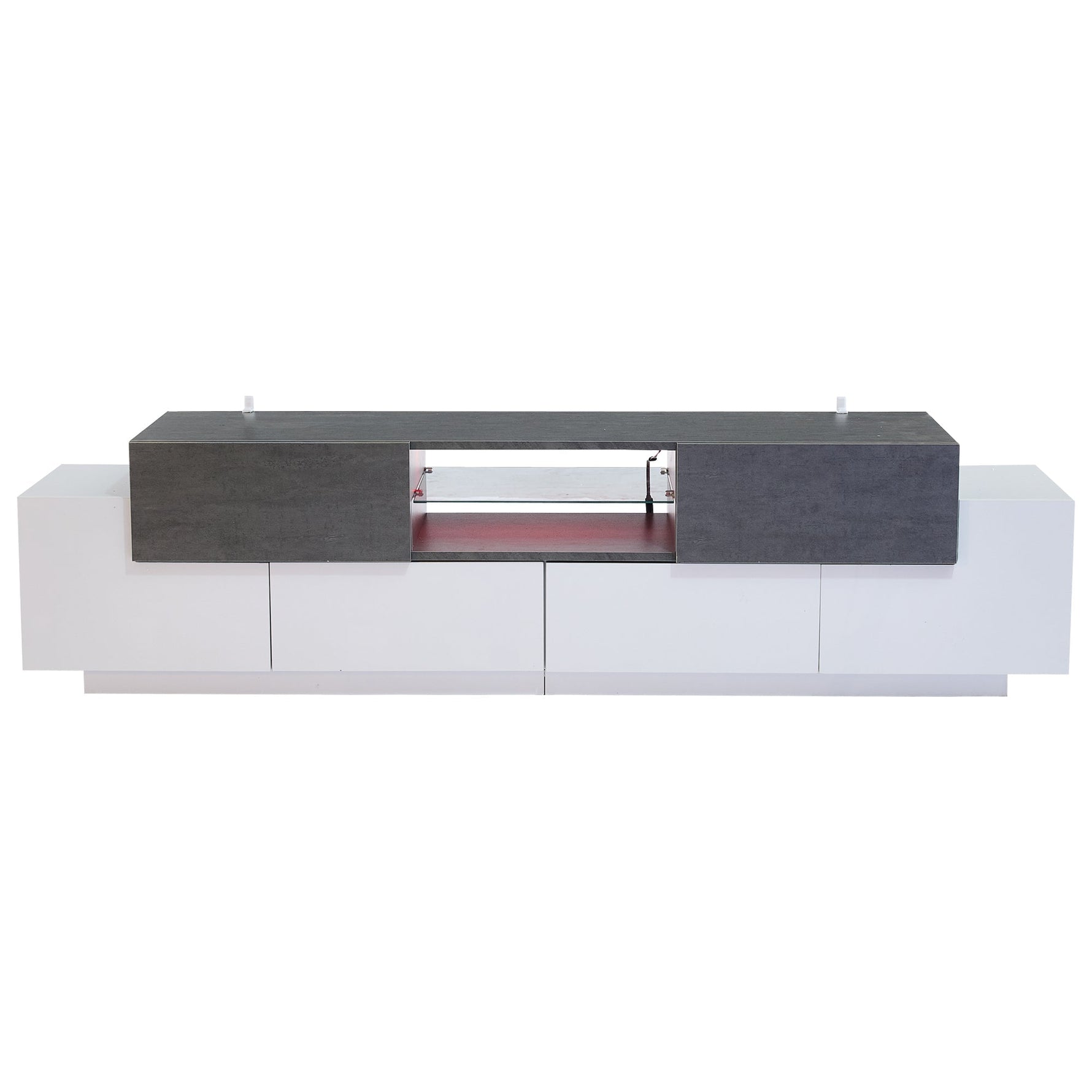 LED TV Cabinet, Entertainment Center with Glass Shelves, White+Gray