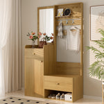 Compact Wardrobe, Entryway Shelf with Mirror, Adjustable Hooks, Wood-Coloured