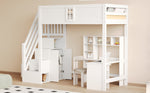 Solid Wood Loft Bed 90x200cm with Safety Door & Ladder, White