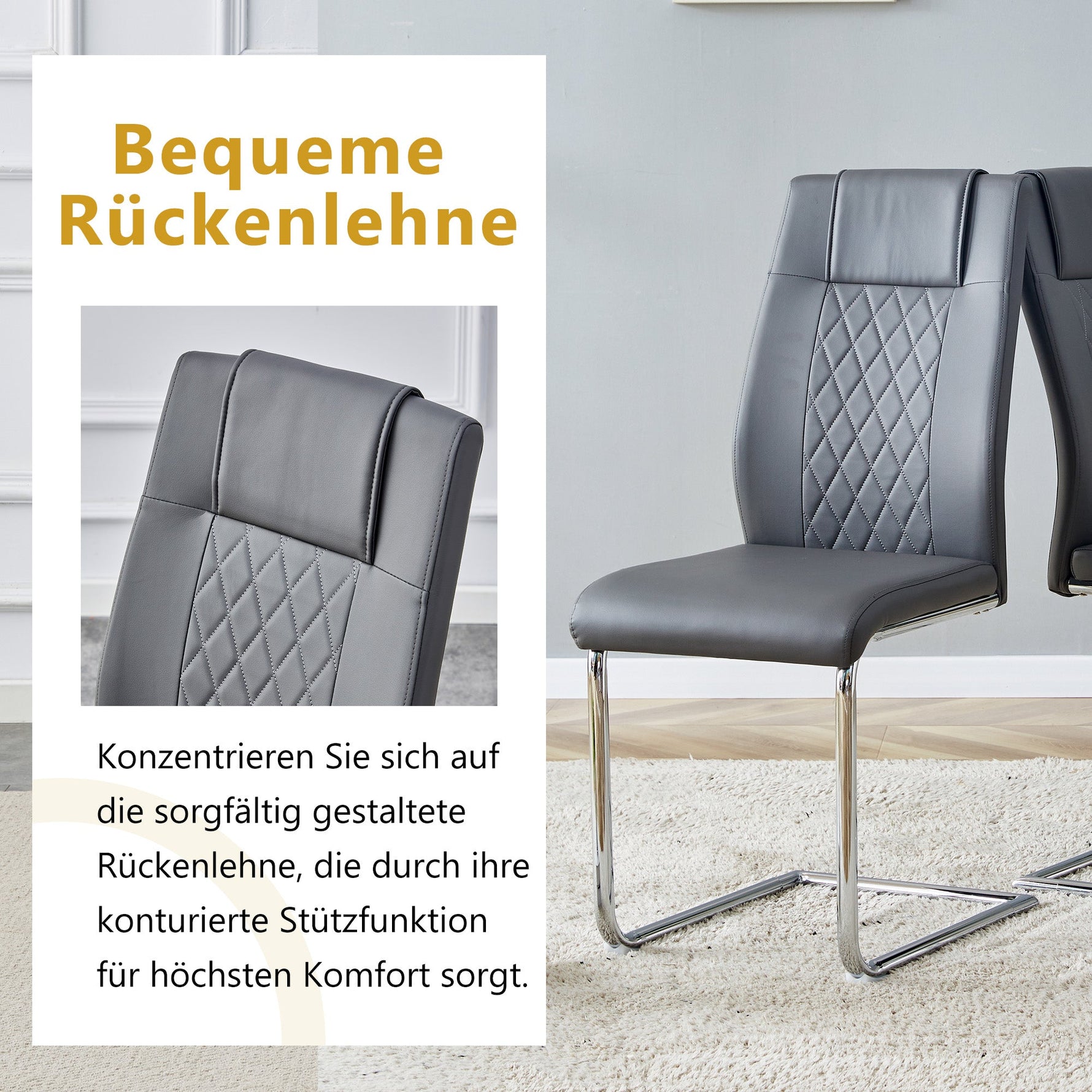 Scandinavian Dining Chairs Set of 4 Mesh Back Metal Legs - Dark Grey PU Leather