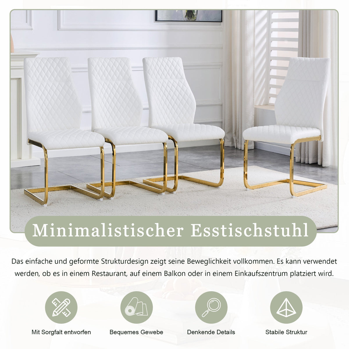 Dining Chair Set of 2, High Backrest and Padded Cushion with Diamond Pattern, White and Gold Metal