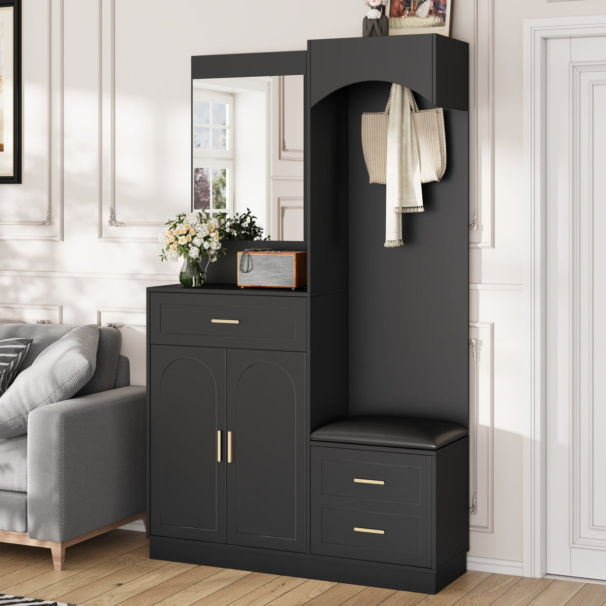 Compact Wardrobe and Shoe Cabinet Combination, Multifunctional Storage Shelf with Mirror, Modern
