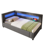 Daybed Sofa Bed with LED Lighting, Hydraulic Storage and USB Charging, Grey Linen