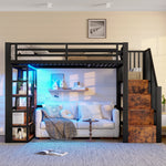 Loft Bed with Storage Steps and LED Light Strip, Black Iron Frame