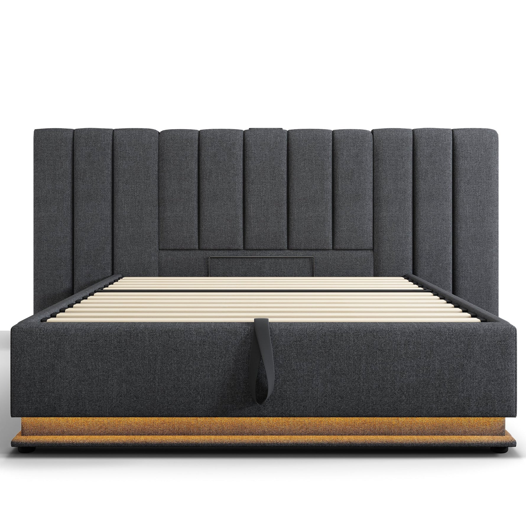 Upholstered Bed 180x200 Storage LED/USB-C Slatted Base, Linen Grey