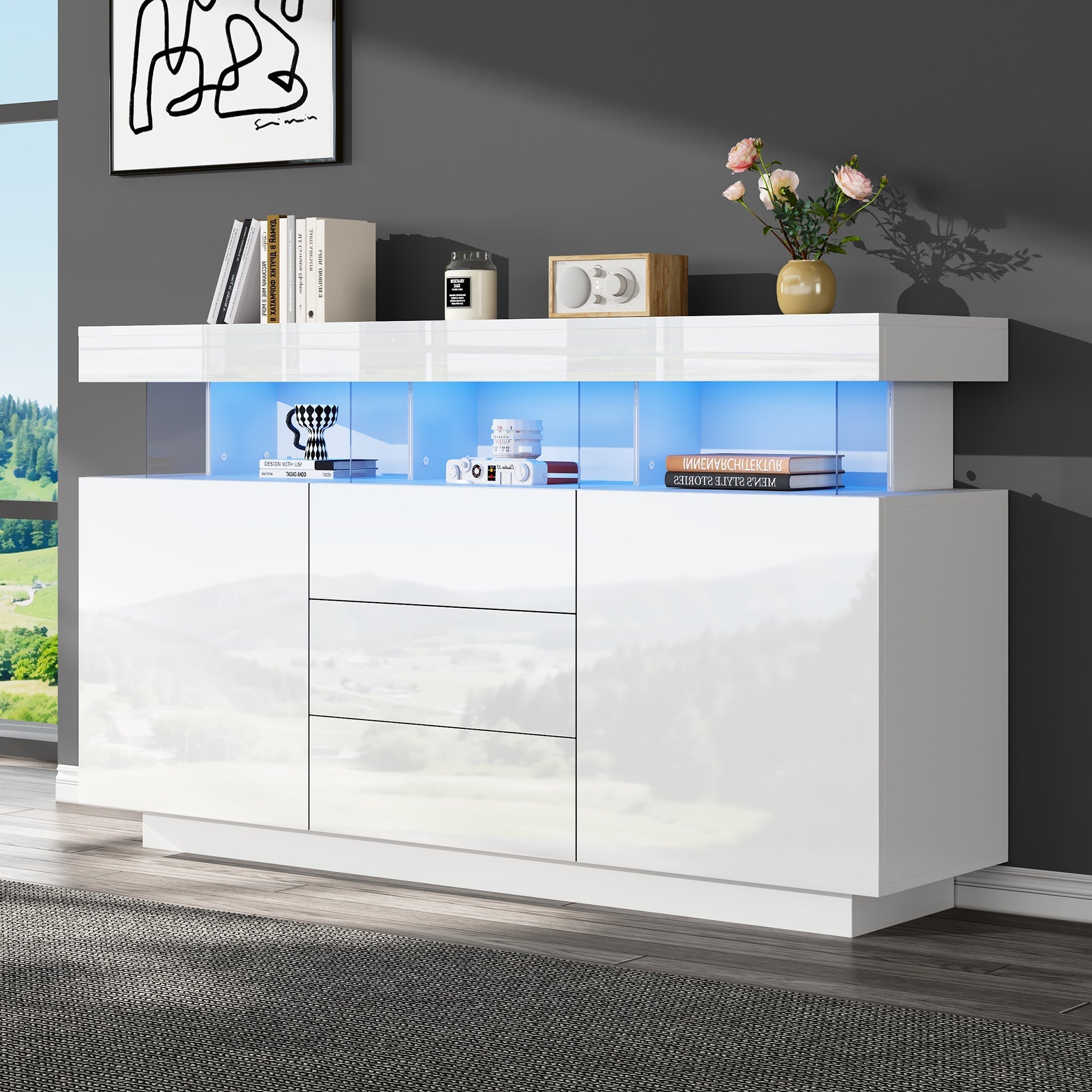 Modern Sideboard High-Gloss Coffee Bar LED Light Strip 140x35x80cm White Acrylic