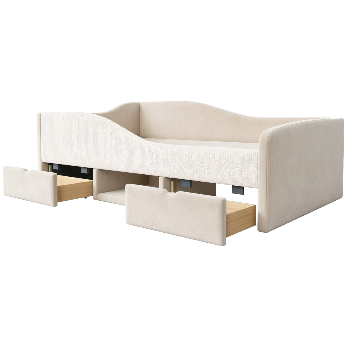Upholstered Children's Bed 90x190 with 2 Drawers, Beige Velvet