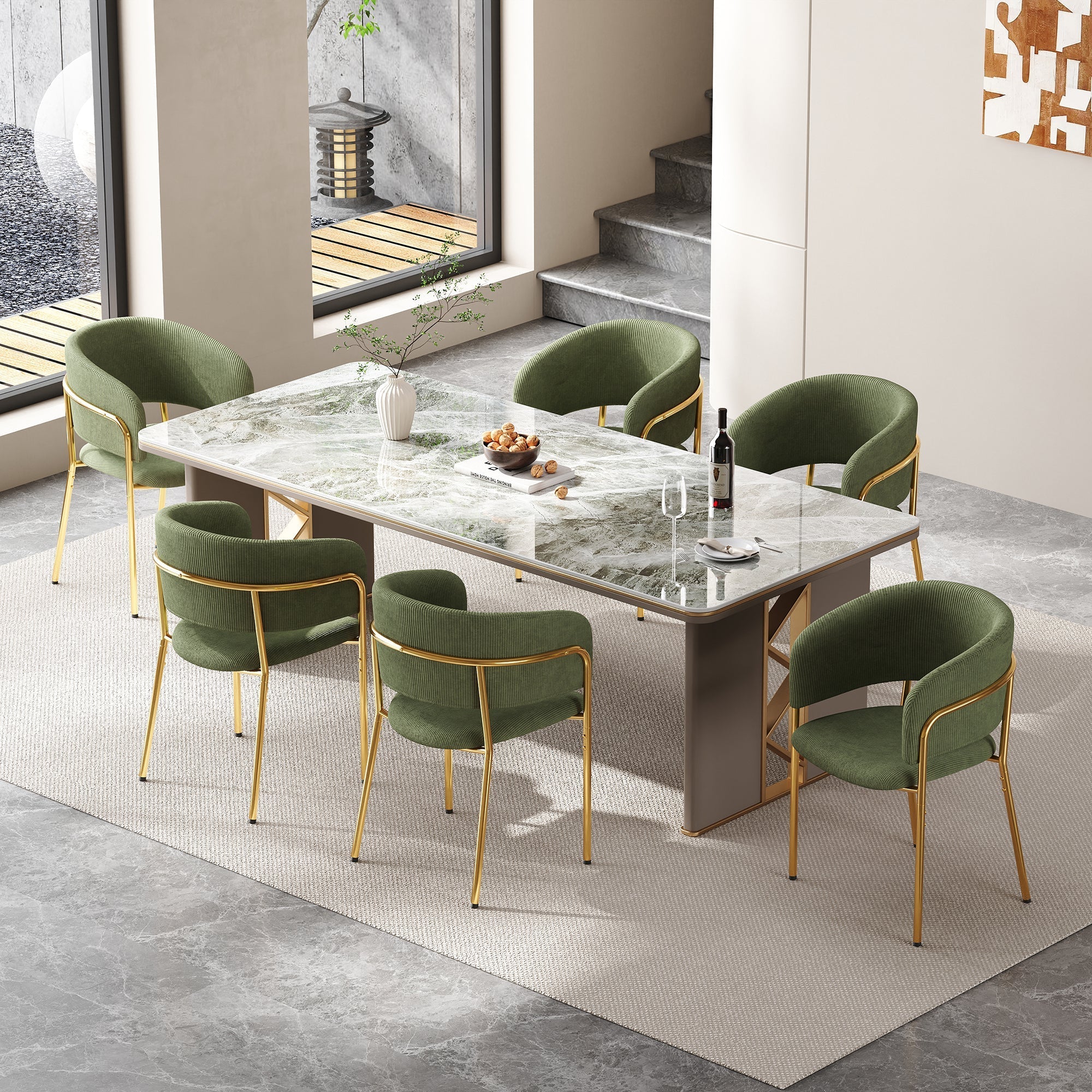 Modern Chairs Set of 6 with Angled Legs and Adjustable Feet, Green Corduroy