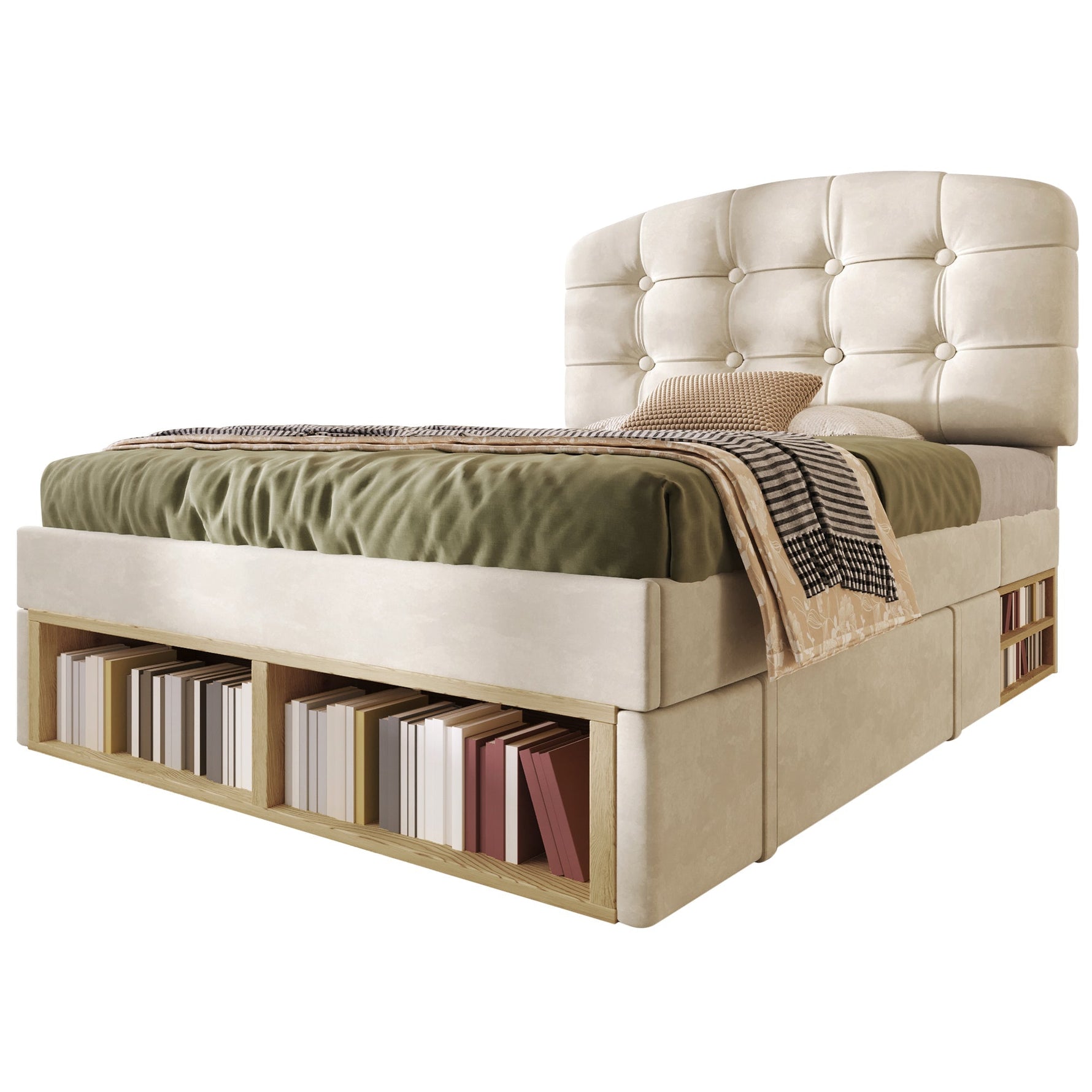 Upholstered Single Bed with Storage and Adjustable Headboard, 90x200cm, Beige Velvet