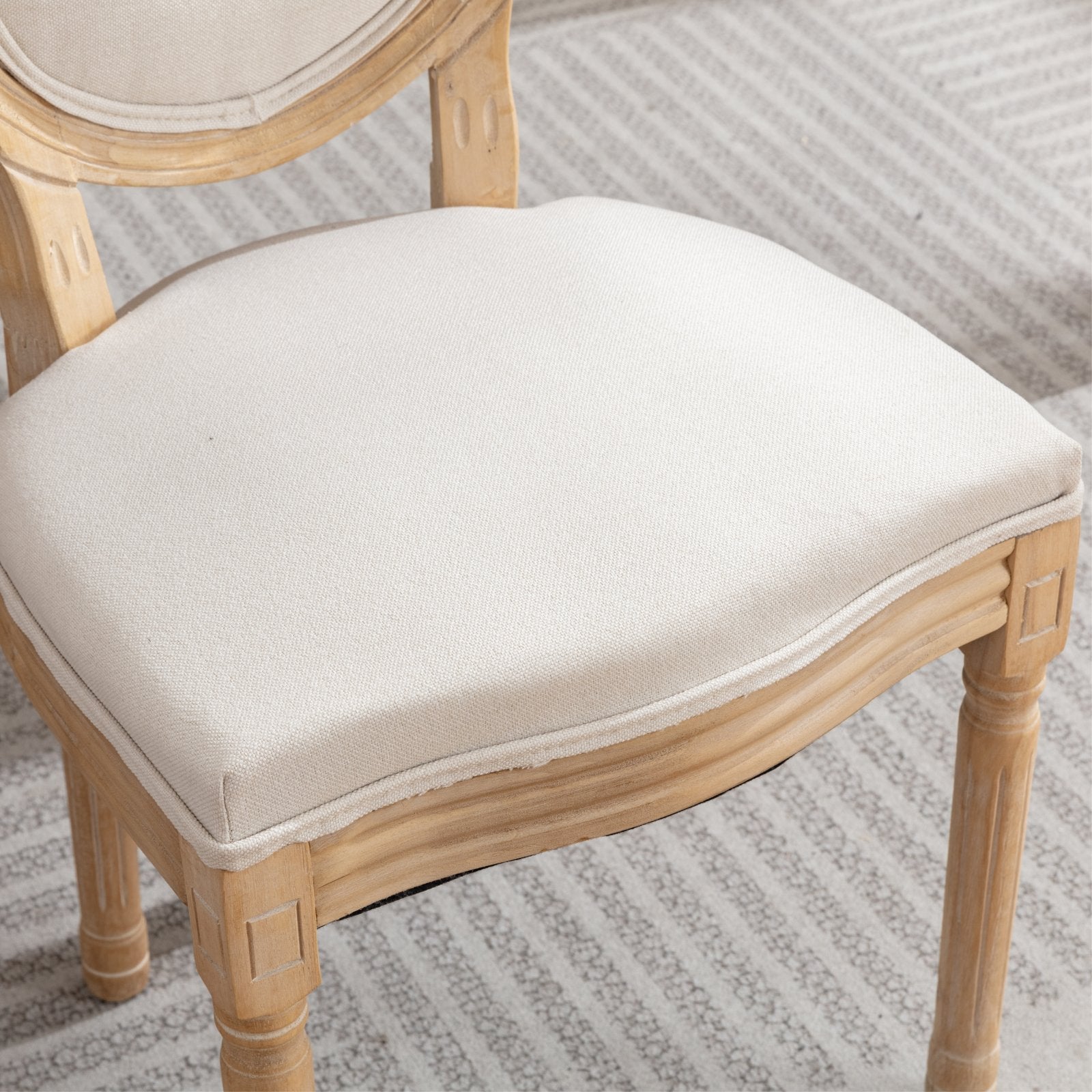 French Style Dining Chair Set of 2 Solid Wood Antique Finish Linen Back - Beige