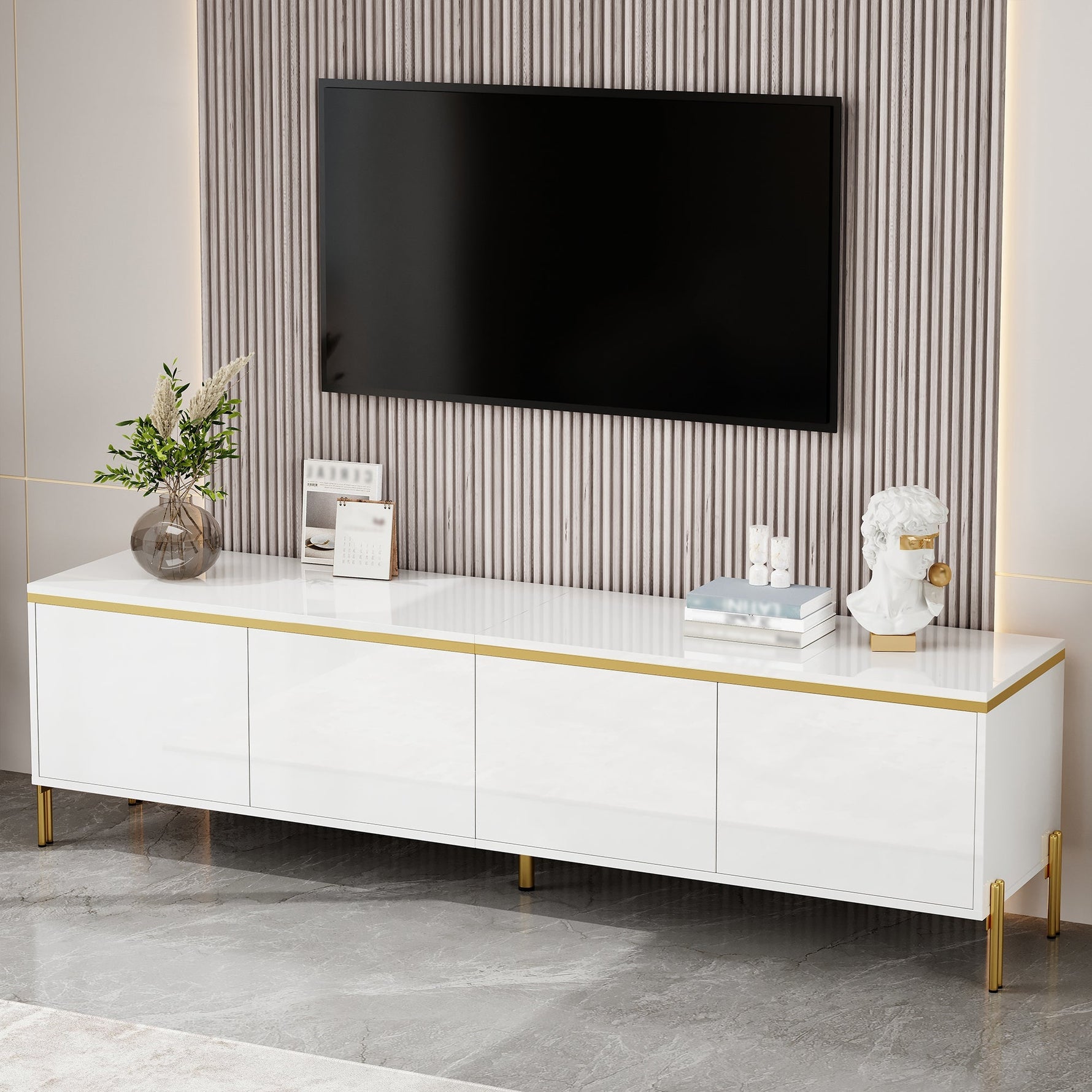 TV Stand Modern High-Gloss with 4 Cabinet Doors and Storage, Gold Edge Banding