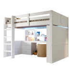 Loft Bed 140x200cm LED Lights Wardrobe Desk Drawers Storage - White