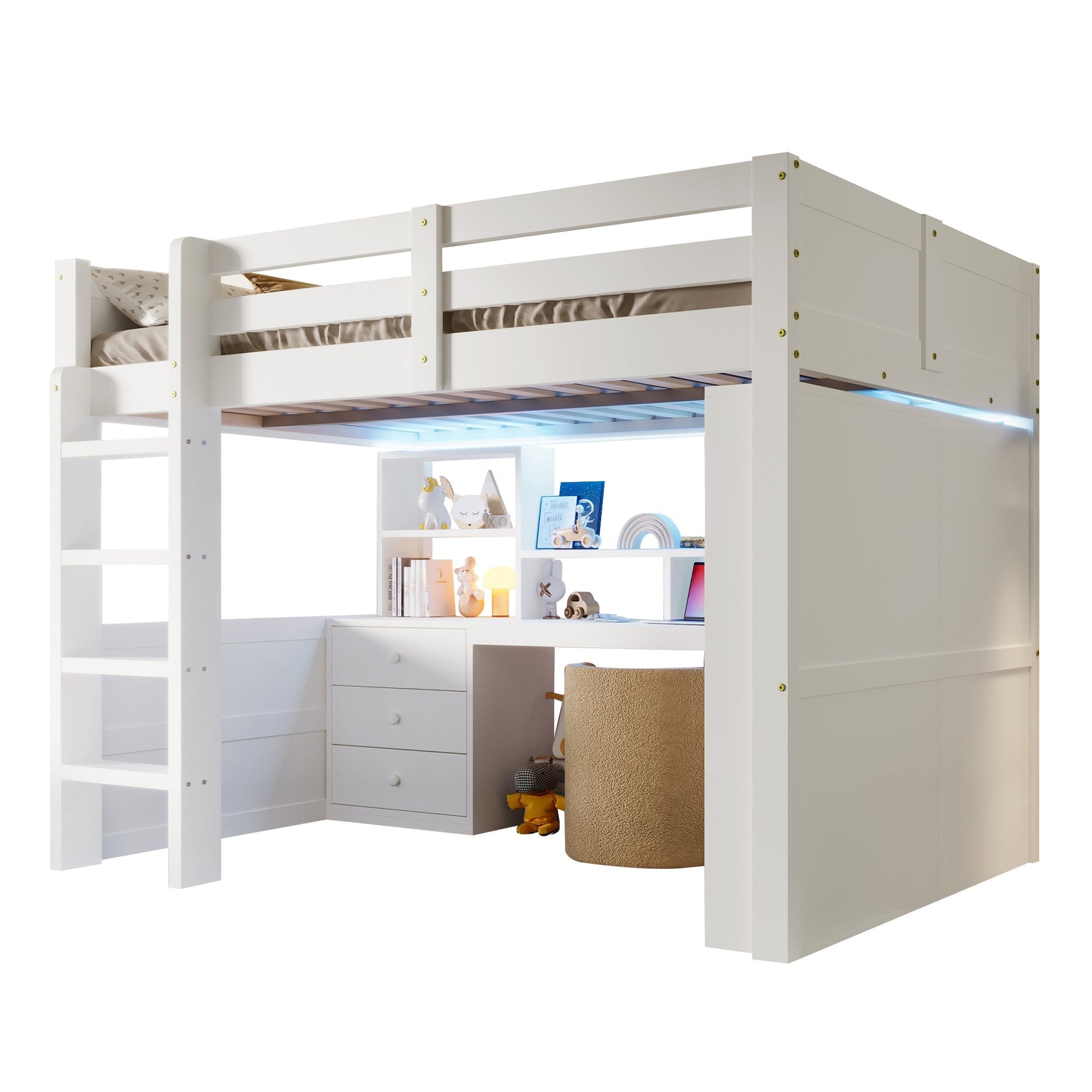 Loft Bed 140x200cm LED Lights Wardrobe Desk Drawers Storage - White