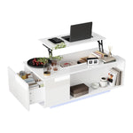 Coffee Table, Height-adjustable with Hidden Storage, LED Light & Drawer, White